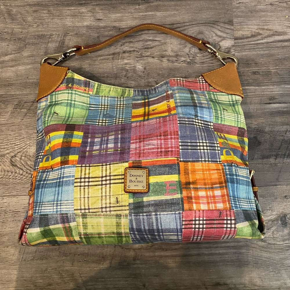Dooney and Bourke Multi Color Plaid Canvas and Leather Large Handbag